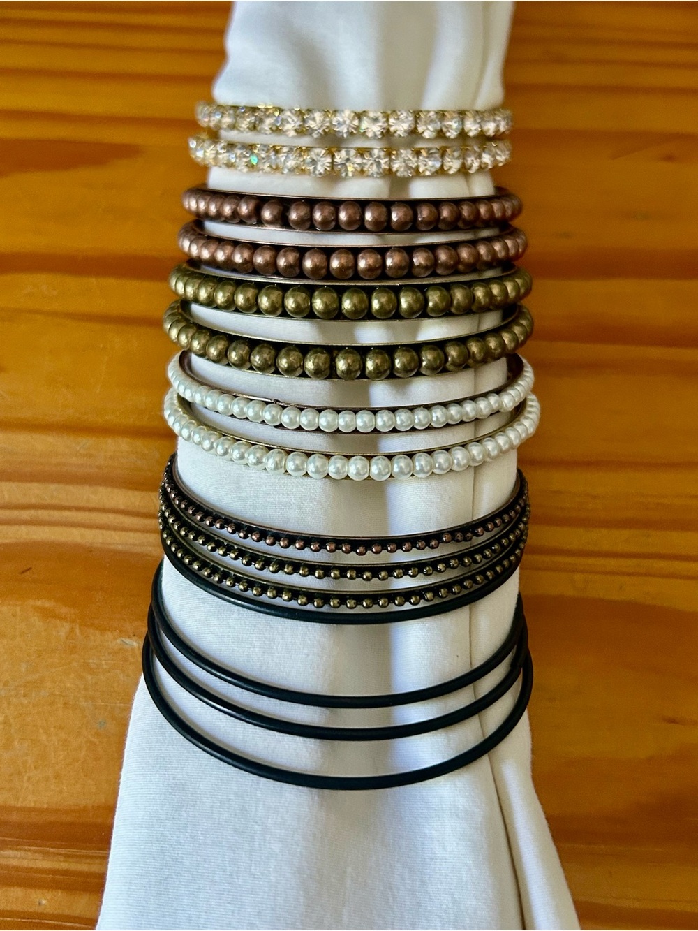 Bead, Rhinestone, Pearl Metal Slip on Bracelets set of 15